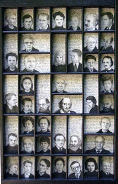 an old book with many faces on the pages and people's heads in them