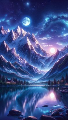 a painting of mountains and water at night