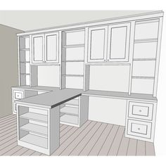 a drawing of a kitchen with white cabinets