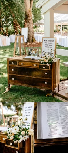 the wedding ceremony is set up in an old dresser with flowers and books on it