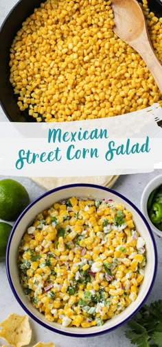 mexican street corn salad in a blue and white bowl