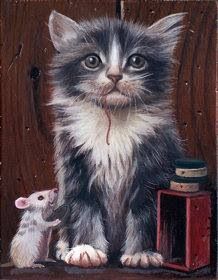 a painting of a kitten sitting next to a mouse