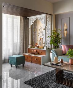 a living room filled with furniture and a large mirror over the top of it's head