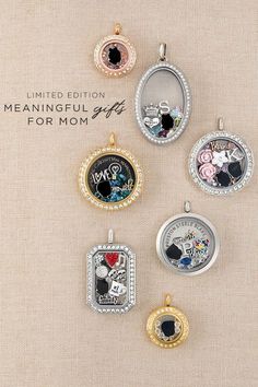 four pendants with different designs on them and the words meanigful gifts for mom