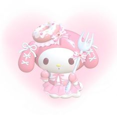 a hello kitty figurine is holding a fork and cake on it's head