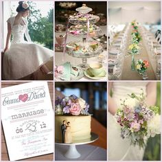 a collage of photos with flowers and wedding decorations on them, including a cake