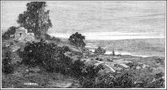 an old black and white photo of the ocean with rocks, trees, and buildings