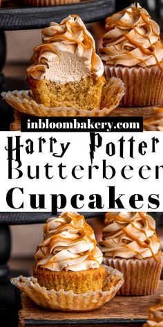 harry potter cupcakes with caramel icing and whipped cream are on display