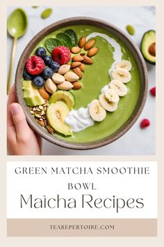 green matcha smoothie bowl with fruit and nuts