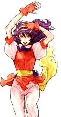 a drawing of a woman with purple hair and gloves on her head, wearing a red top