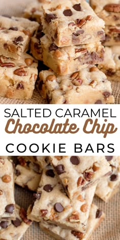 salted caramel chocolate chip cookie bars stacked on top of each other with text overlay