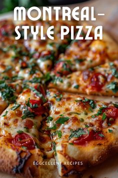 a close up of a sliced pizza on a cutting board with the words monteri - style pizza above it