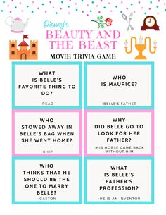 disney's beauty and the beast movie trivia game is shown in this image