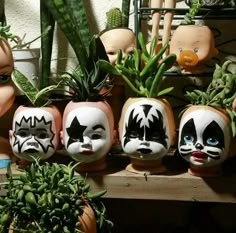 pots with faces painted on them sitting next to succulents and potted plants