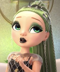 an animated doll with green hair and big eyes wearing a black dress, holding a chain around her neck