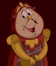 an animated character in a red and yellow outfit with big eyes, smiling at the camera