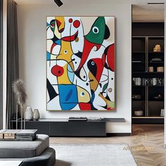 Large Abstract Colorful Painting Colorful Wall Art Living Room, Custom Frames, Geometric Painting, Colorful Abstract Painting, Linen Canvas, Art Living Room, Wooden Case, Colorful Wall Art, Textured Wall Art