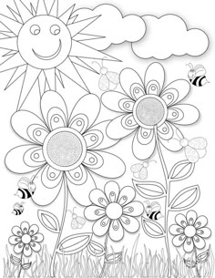 a coloring page with flowers and bees on the grass in front of a cloudy sky