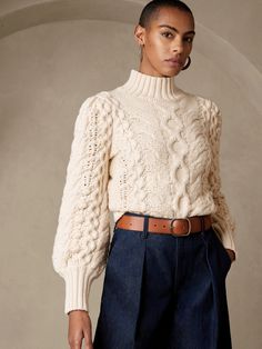 Ticino Puff-Sleeve Sweater | Banana Republic Heavy Knit Sweater, Knitwear Inspiration, Sweater Outfits Fall, Puff Sleeve Sweater, Womenswear Fashion, Knit Sweaters, Puff Long Sleeves, How To Purl Knit, Knitwear Fashion