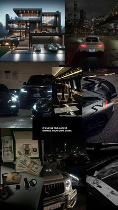 a collage of photos with cars, money and buildings in the background at night