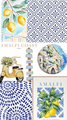 the collage features blue and white tiles, yellow lemons, an orange tree with green leaves