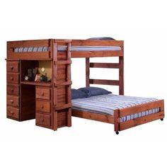 a wooden bunk bed with two drawers and a desk underneath it, in front of a white background