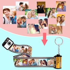 a collage of photos being used as a keychain to hold a camera