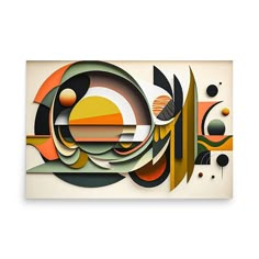 an abstract painting with different colors and shapes on it's surface, including circles