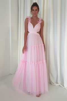 Galiena Ruffle Tulle Maxi Dress | Pink Wedding Bridesmaids Dress, Bday Dresses, Black Tie Bridesmaids, Grad Party Inspo, Tulle Gowns, Moh Dress, Pastel Pink Dress, Bridgerton Wedding, Brides Maid Dresses