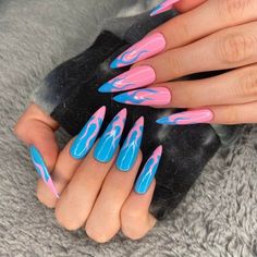 Cotton Candy Nail Designs, Acrylic Nails Flames, Flame Tip Nails, Cute Flame Nails, Rave Nails Acrylic, Flame Nails Acrylic, Rave Nails Designs, Fire Nails Designs, Candy Nails Designs