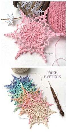 crocheted snowflakes are shown in two different colors, one is pink and the other is blue