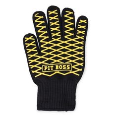 a pair of black and yellow gloves with the words pit boss on it