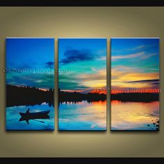 three paintings on the wall of a room with a boat in the water at sunset