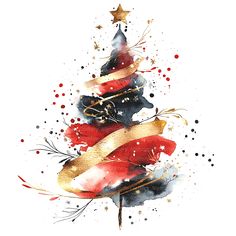 a watercolor christmas tree with red, white and blue ribbons