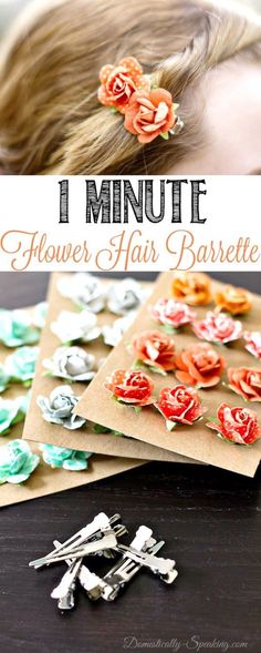 flower hair clips are shown with the words 1 minute flower hair pins on top of them