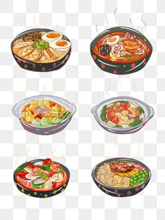 different types of food in bowls on a white background, with noodles and vegetables