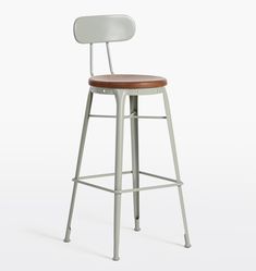 a metal stool with a wooden seat and backrests, viewed from the front