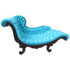 a blue chaise lounge chair sitting on top of a white floor