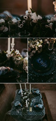 the table is set with candles, flowers and other things to decorate for an event