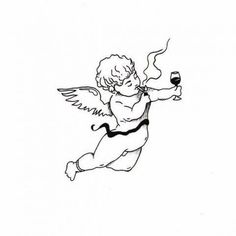 an angel with a glass of wine in its hand and wings flying above the ground