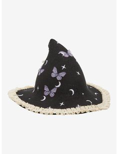 a black hat with purple butterflies and stars on the side, sitting in front of a white background