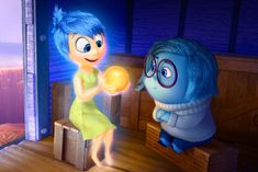 an animated cartoon character holding a balloon and looking at another character in front of him