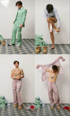 four pictures of a man with no shirt on, one in pajamas and the other in checkered pajama pants