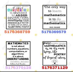 four different types of posters with the words, numbers and other things in each one