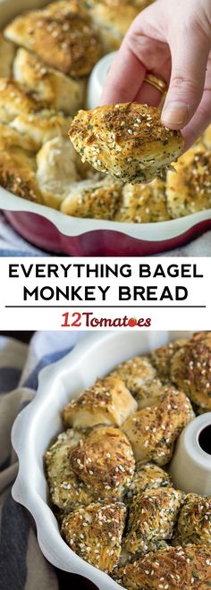 a person dipping some bread into a casserole dish with the words, everything bagel monkey bread