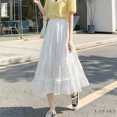 Lasaky - Classic High-Waisted Long Gown in Crisp White Fabric Long Flared Dress, Long Midi Skirt, Long Wrap Dress, Calf Length Skirts, White Maxi Dress, Wrap Around Skirt, Patterned Leggings, Half Skirt, Flowing Skirt