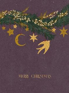 a purple christmas card with gold stars, holly and moon on it's border