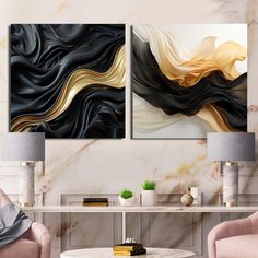 two paintings on the wall in a living room, one is black and white with gold swirls