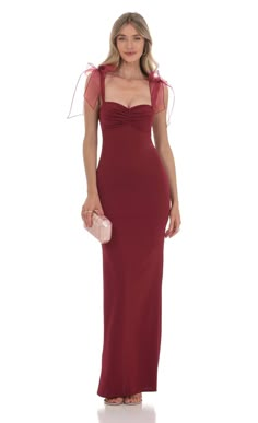 Shoulder Ties Maxi Dress in Maroon | LUCY IN THE SKY Burgundy Dress With Sleeves, Dark Red Wedding Guest Dress, Maroon Dresses Formal, Maroon Wedding Guest Dress, Maroon Dress Formal, Dark Red Midi Dress, Maroon Evening Gown, Berry Bridesmaid Dresses, Dark Red Maxi Dress