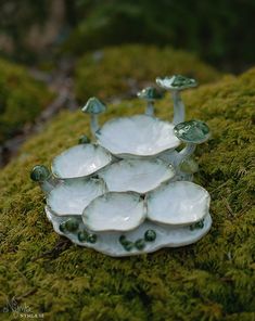 A sculptural paint palette made of ceramics, in the shape of six little wells surrounded by mushrooms. Placed on green moss. Mushroom Chess Board, Ceramic Art Nature, Ceramic Palette Diy, Ceramic Nature Sculpture, Cool Ceramic Pieces, Ceramic Nature Ideas, Cute Ceramic Projects, Natural Clay Crafts, Nature Ceramics Ideas